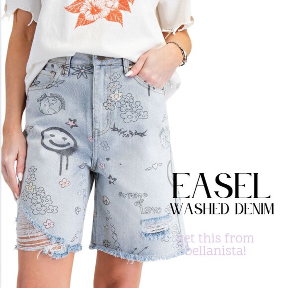 easel Pants - Easel Washed Denim Jean Shorts with Floral Print